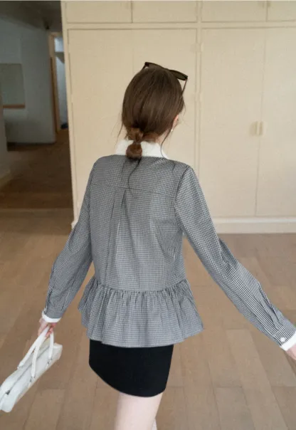 Peplum Gingham Collar Shirt with Flared Hem