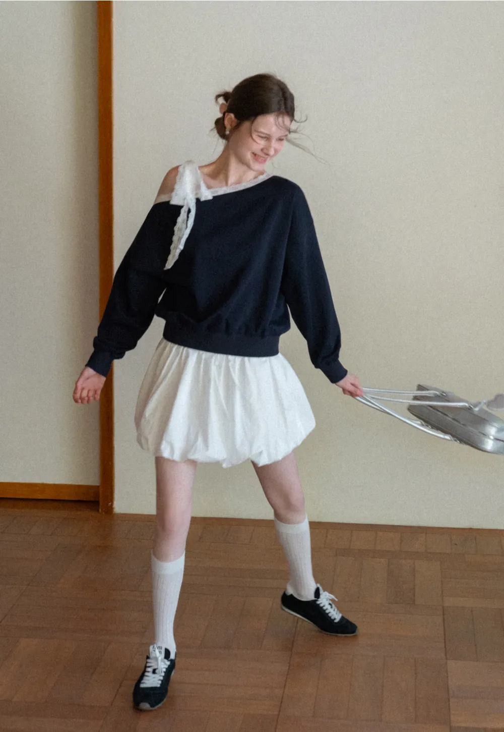 Off shoulder sweatshirt with lace trim detail