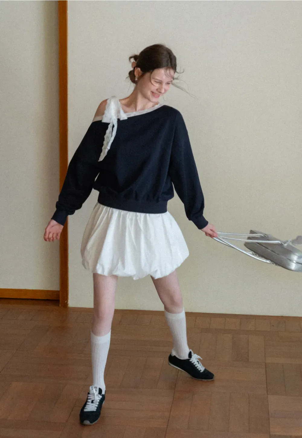 Off shoulder sweatshirt with lace trim detail