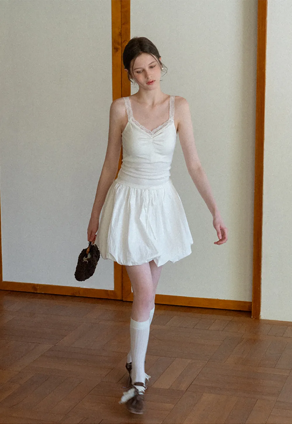 Lace Trimmed V Neck Camisole with Ruched Detail