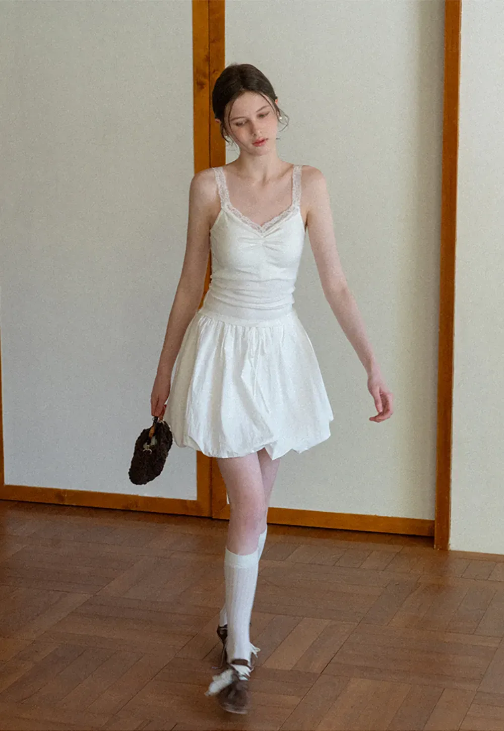 Lace Trimmed V Neck Camisole with Ruched Detail