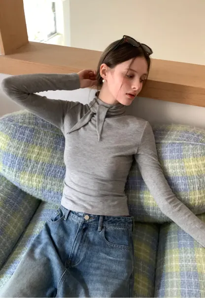 Tie Neck Long Sleeve T-Shirt Top