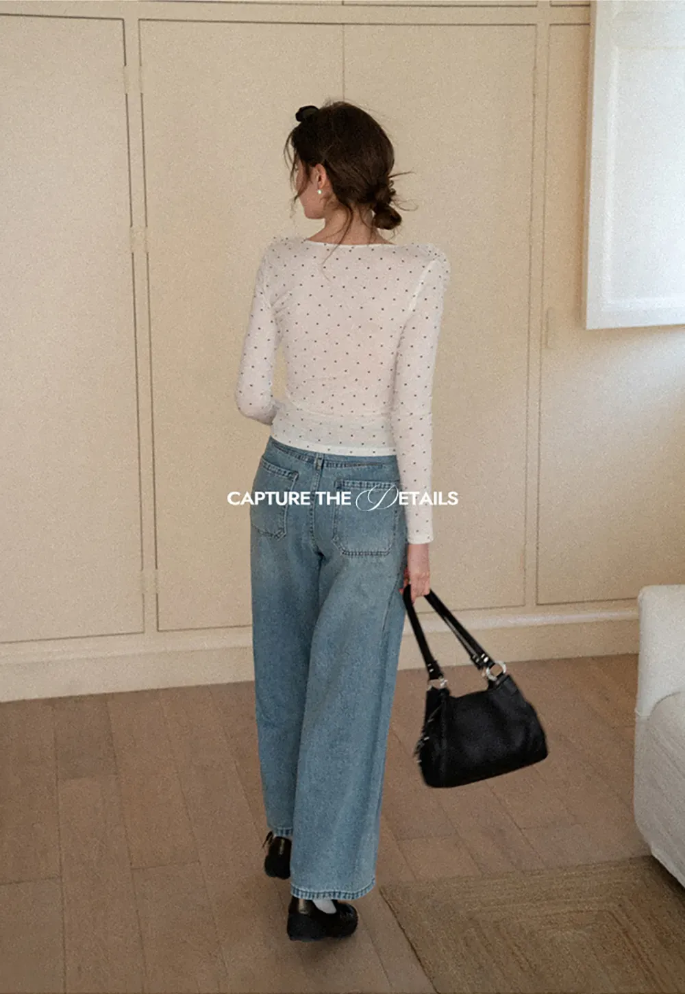 Polka dot long sleeve top with ruffled neckline