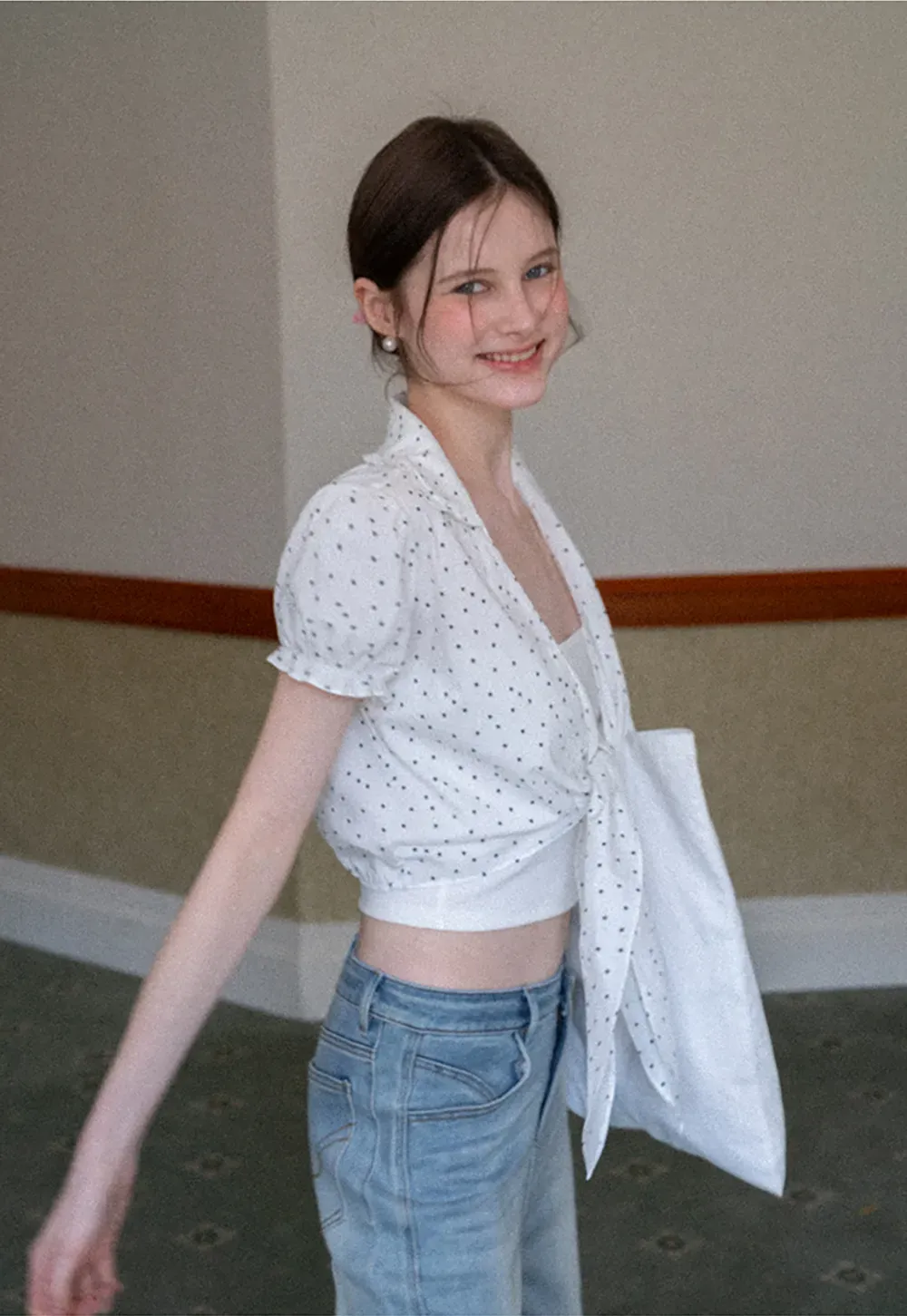 Polka dot short sleeve shirt with front tie detail