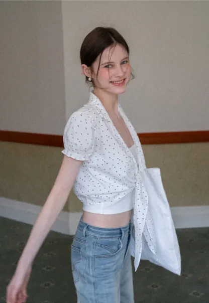 Polka dot short sleeve shirt with front tie detail