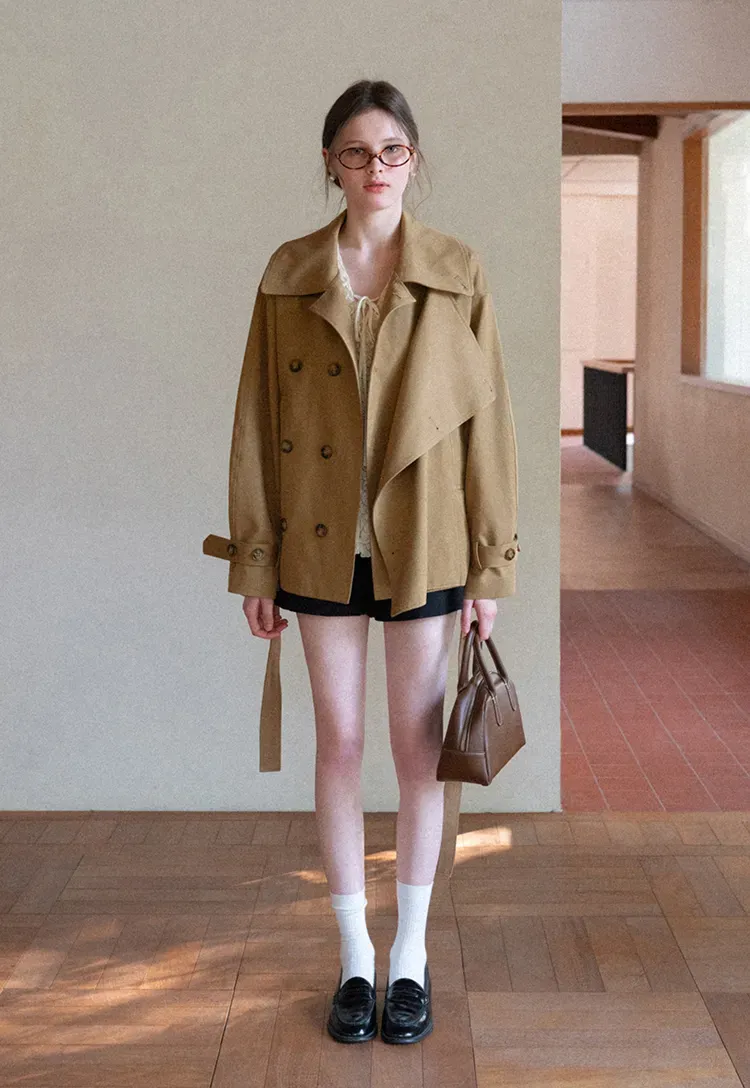 Double Breasted Short Jacket with Belted Waist