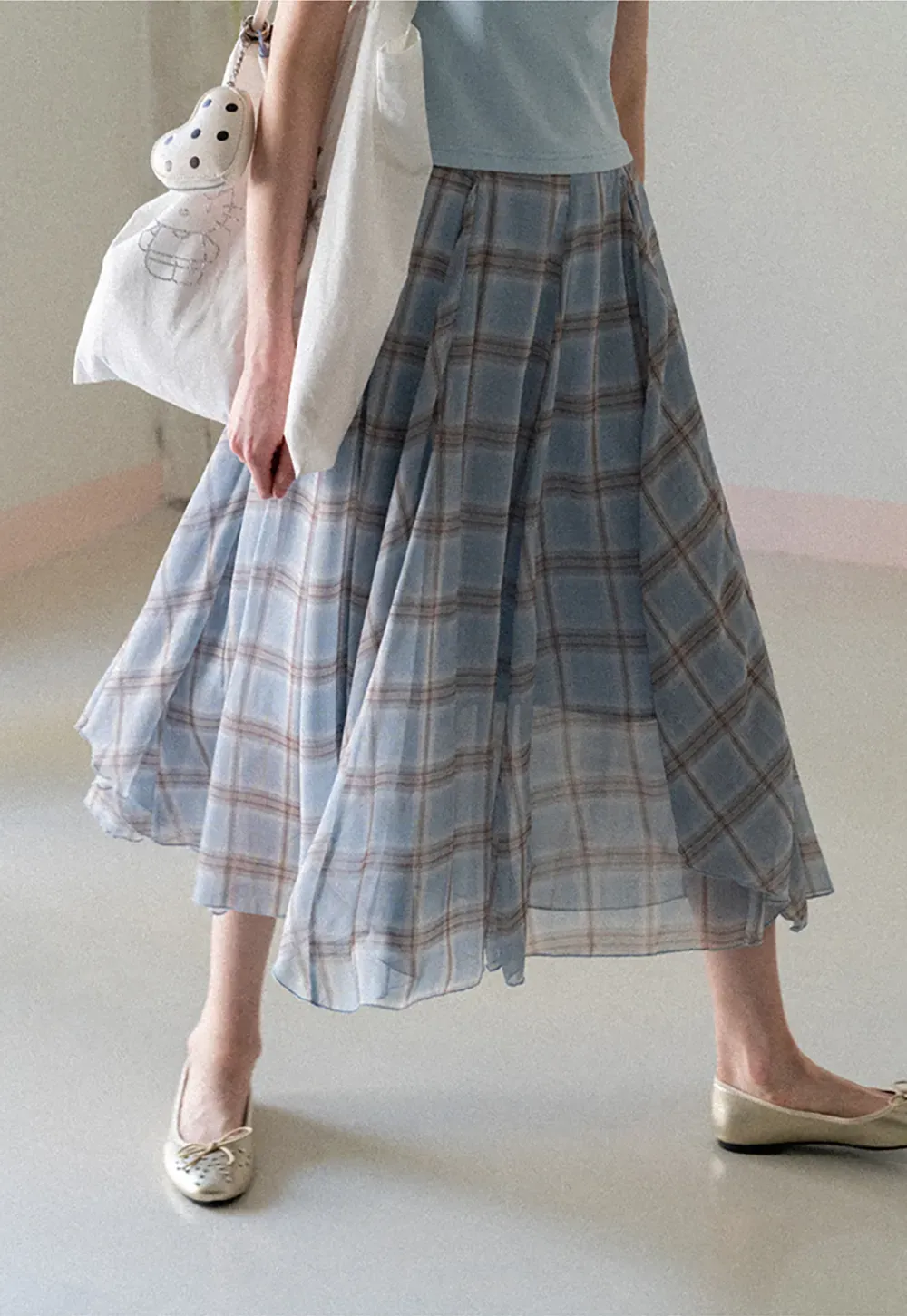 Pleated Plaid Midi Skirt with Asymmetrical Hem