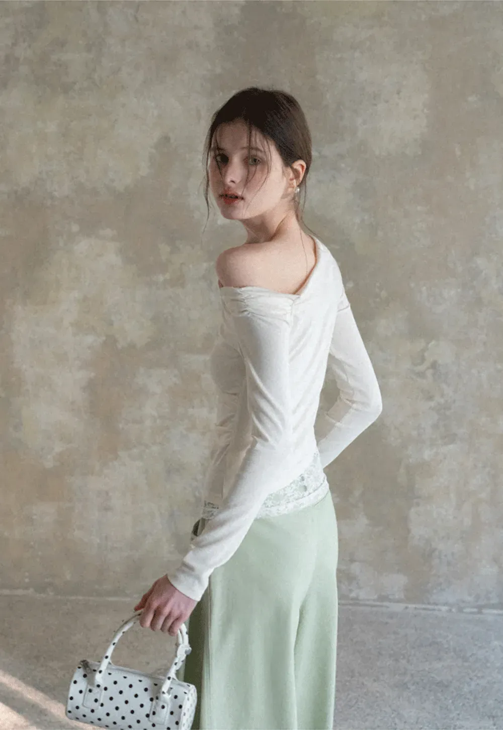 Off shoulder long sleeve top with lace trim