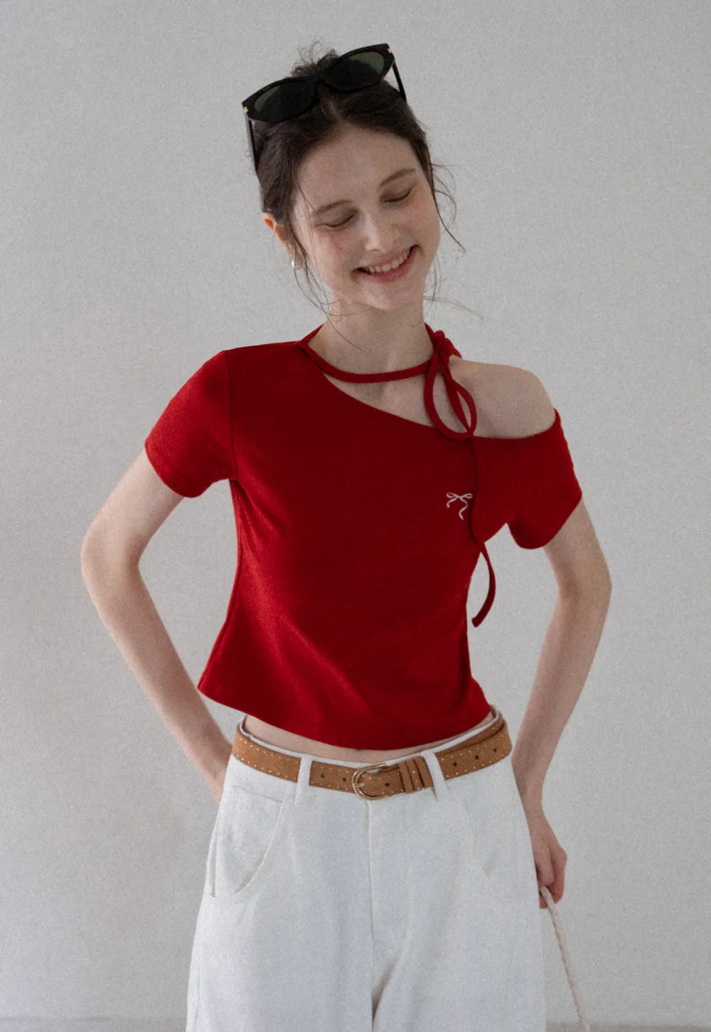 Asymmetric Tie Neck T-Shirt