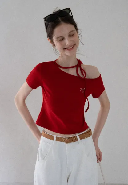 Asymmetric Tie Neck T-Shirt