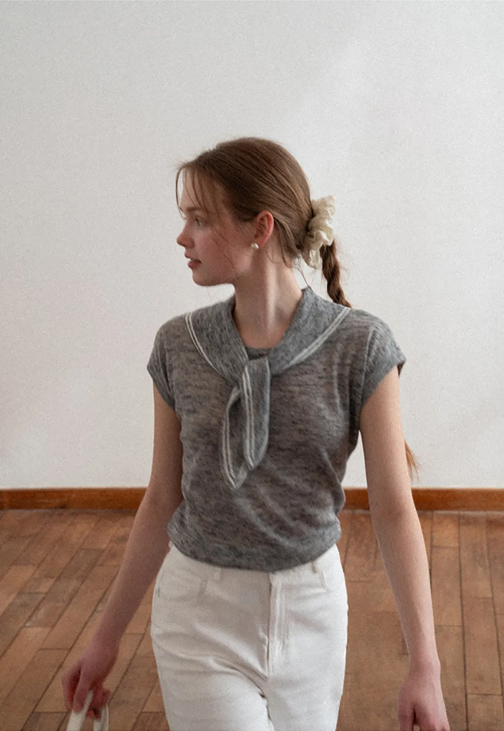 Short Sleeve Knit Sweater with Neck Tie Detail