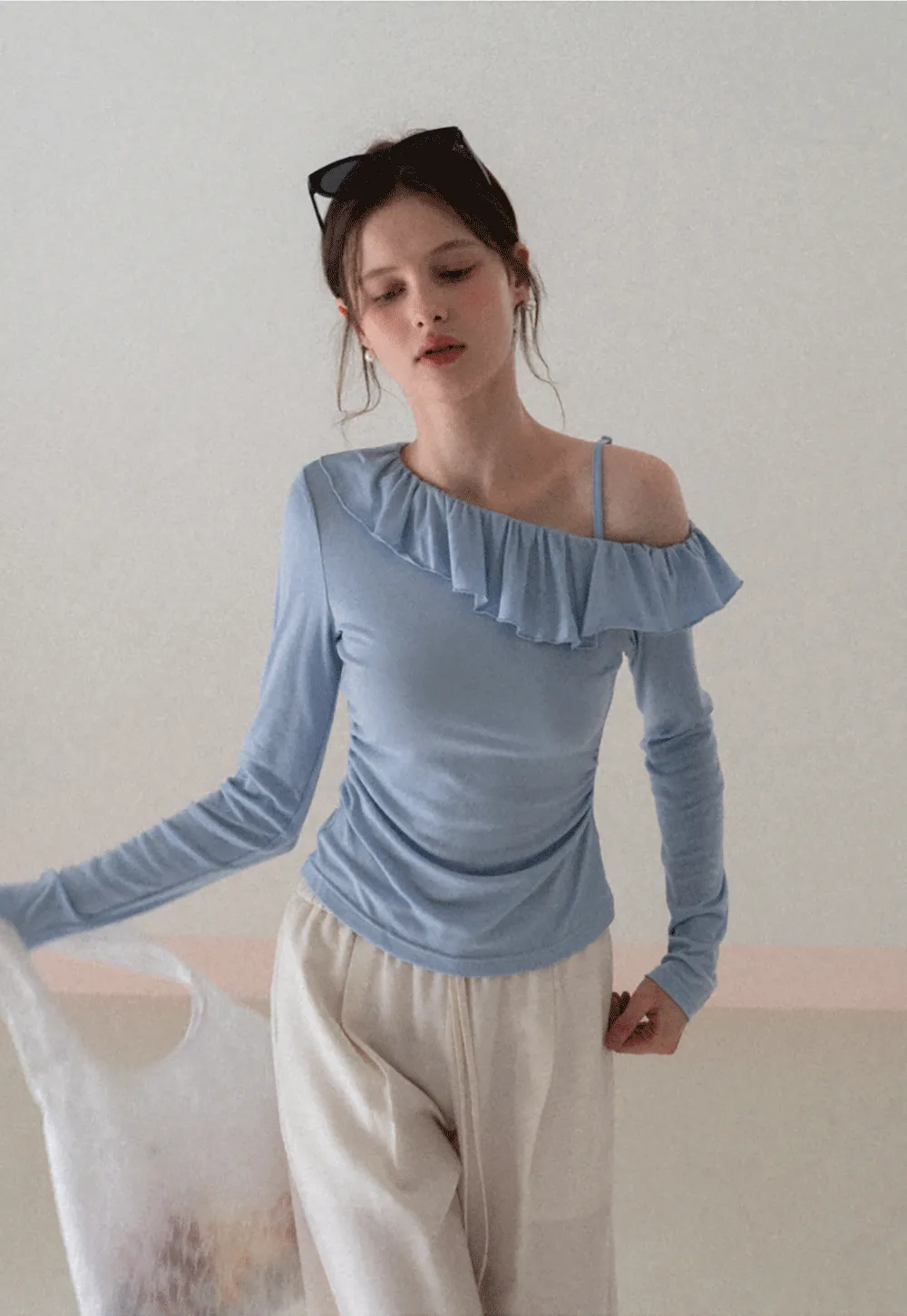 Long Sleeve Top with Ruffled Off Shoulder Design