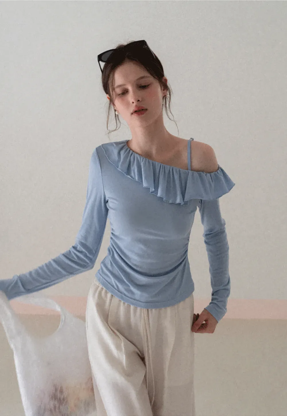 Long Sleeve Top with Ruffled Off Shoulder Design