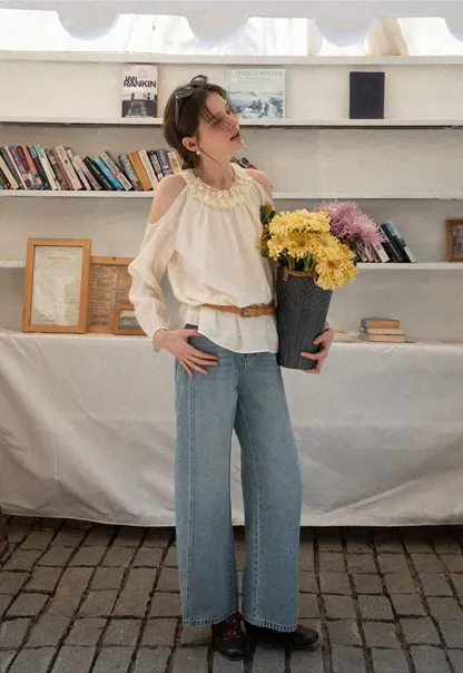 Lace Chiffon Blouse with Ruffled Neck and Cold Shoulder