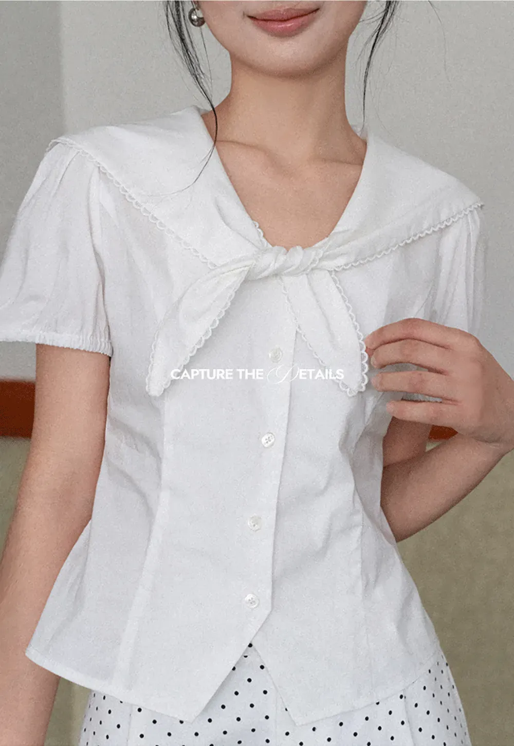Short Sleeve Shirt with Collar and Bow Detail
