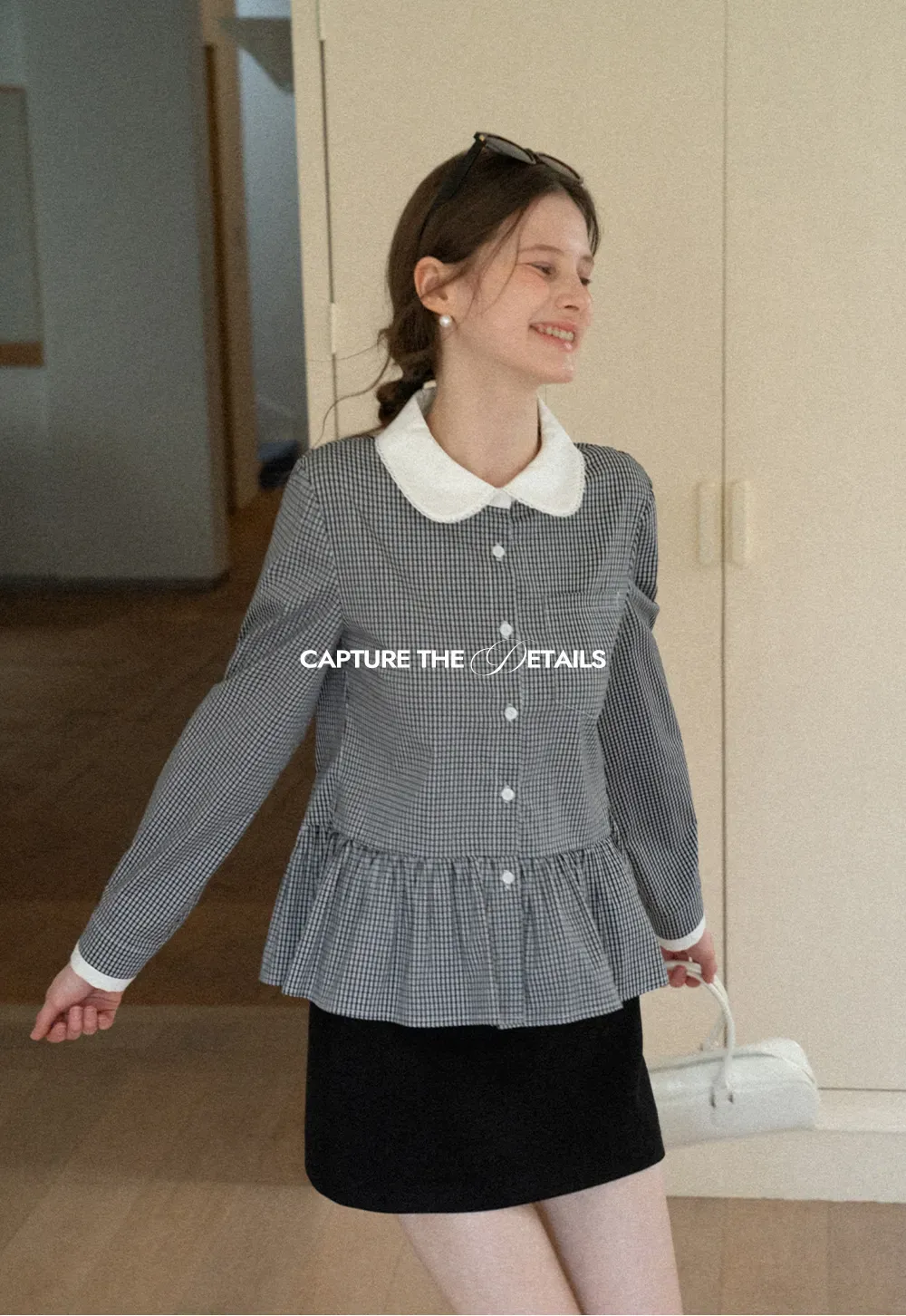 Peplum Gingham Collar Shirt with Flared Hem