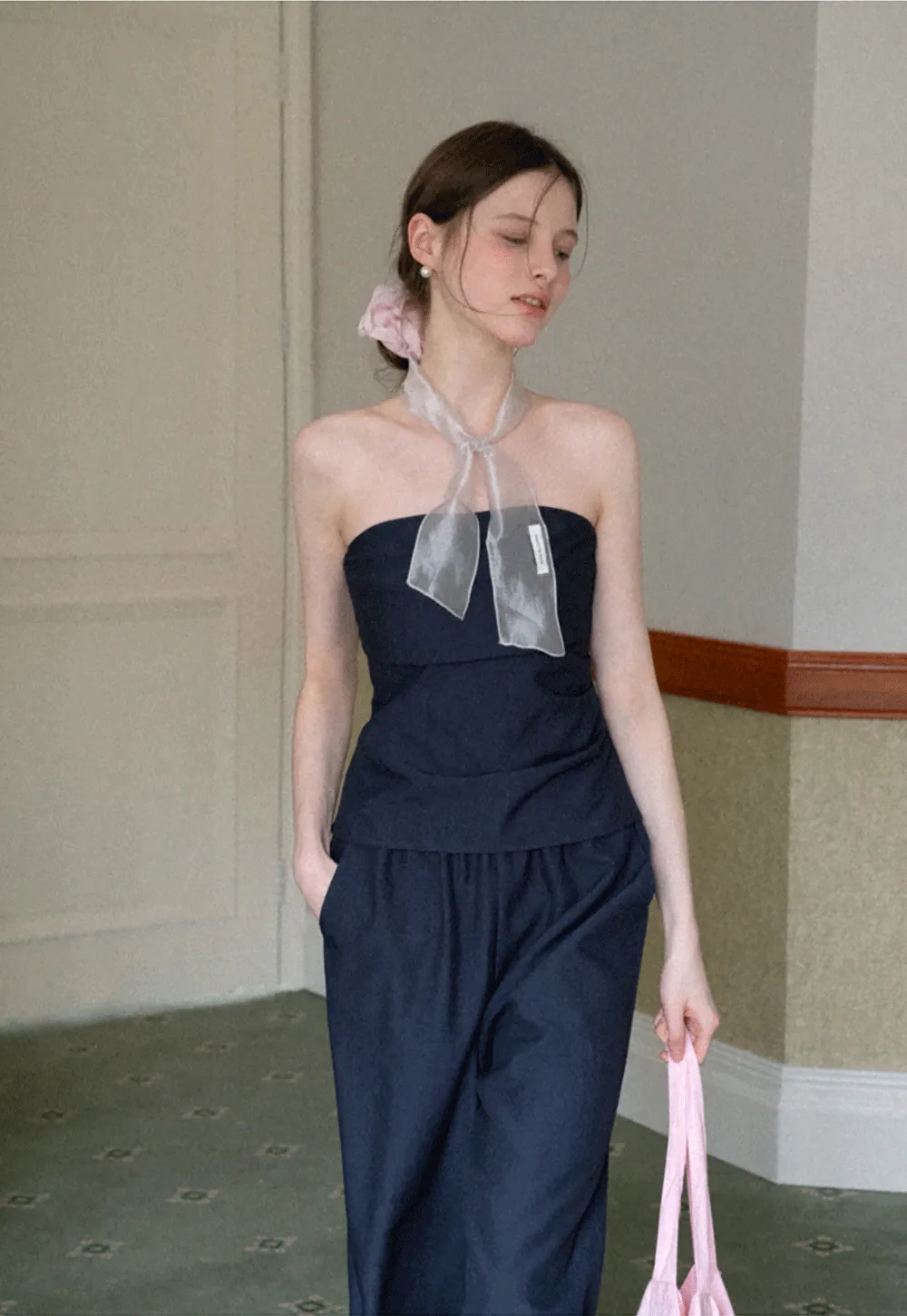 Strapless top with sheer neck tie and loose fit pants
