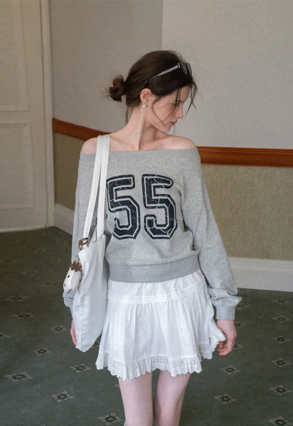 Off Shoulder Sweatshirt with Number Print