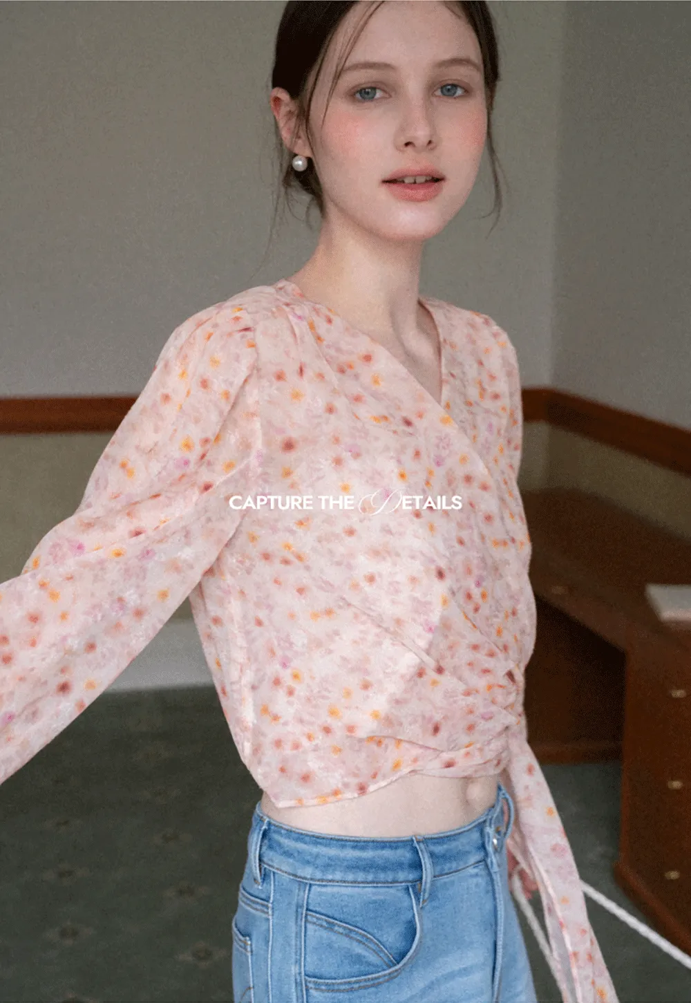 Lace Chiffon Wrap Blouse with Long Sleeves