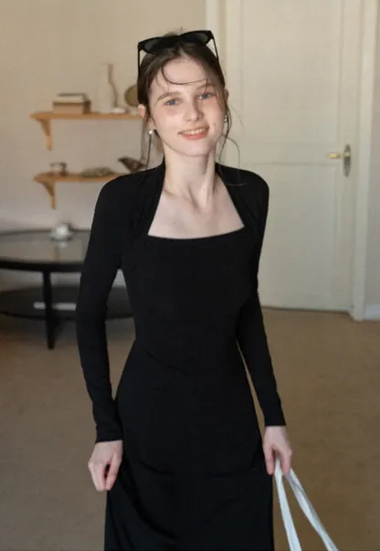 Elegant Square Neck Long Sleeve Dress