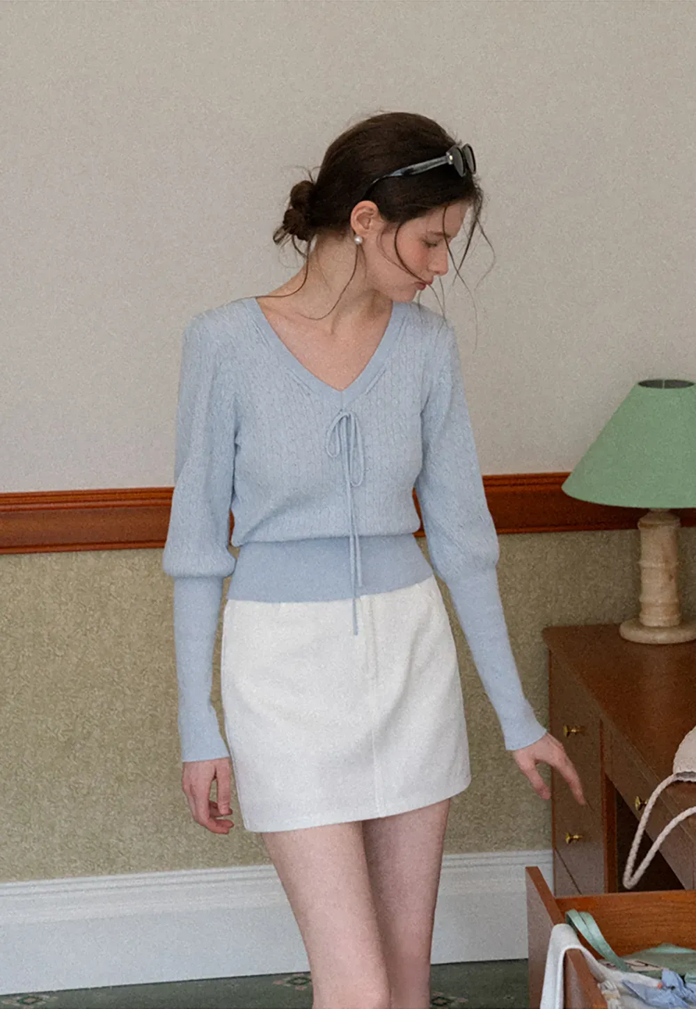 V Neck Knit Sweater with Front Tie Detail