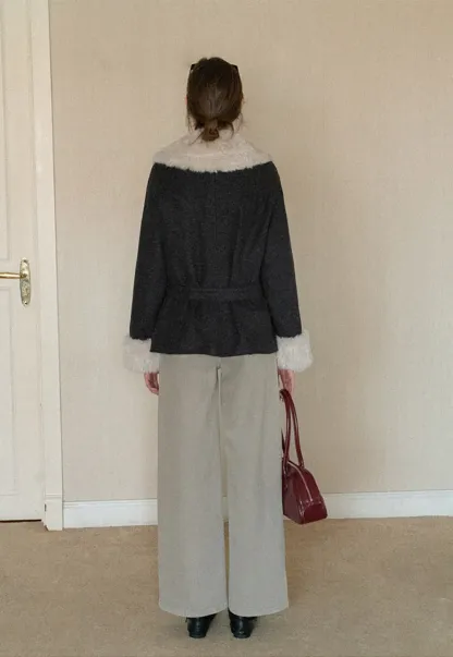 Wool Coat with Fur Collar and Cuff Belted Design