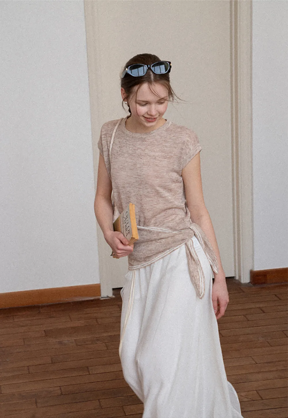 Short Sleeve Knit Sweater with Neck Tie Detail