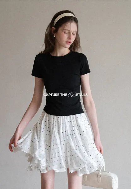 Polka dot pleated skirt with elastic waistband