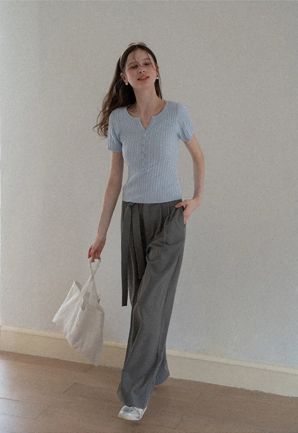 Cable Knit Short Sleeve V Neck Sweater