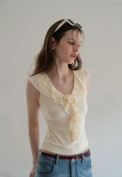Sleeveless Top with Ruffled V Neck and Floral Detail