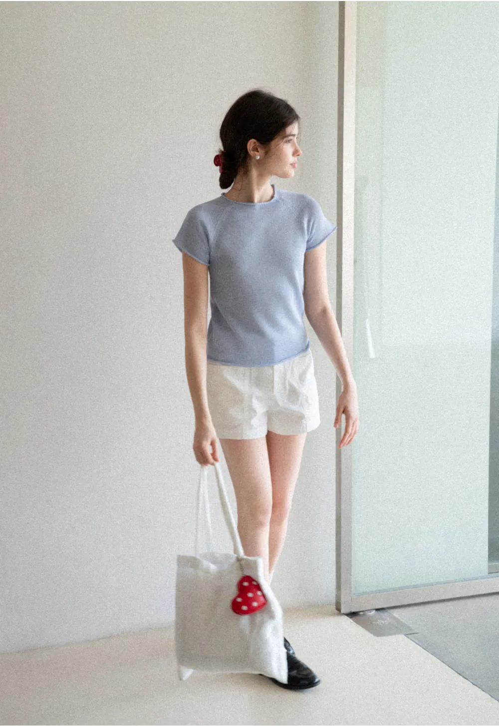 Short Sleeve Ribbed Knit Top with Raglan Sleeves