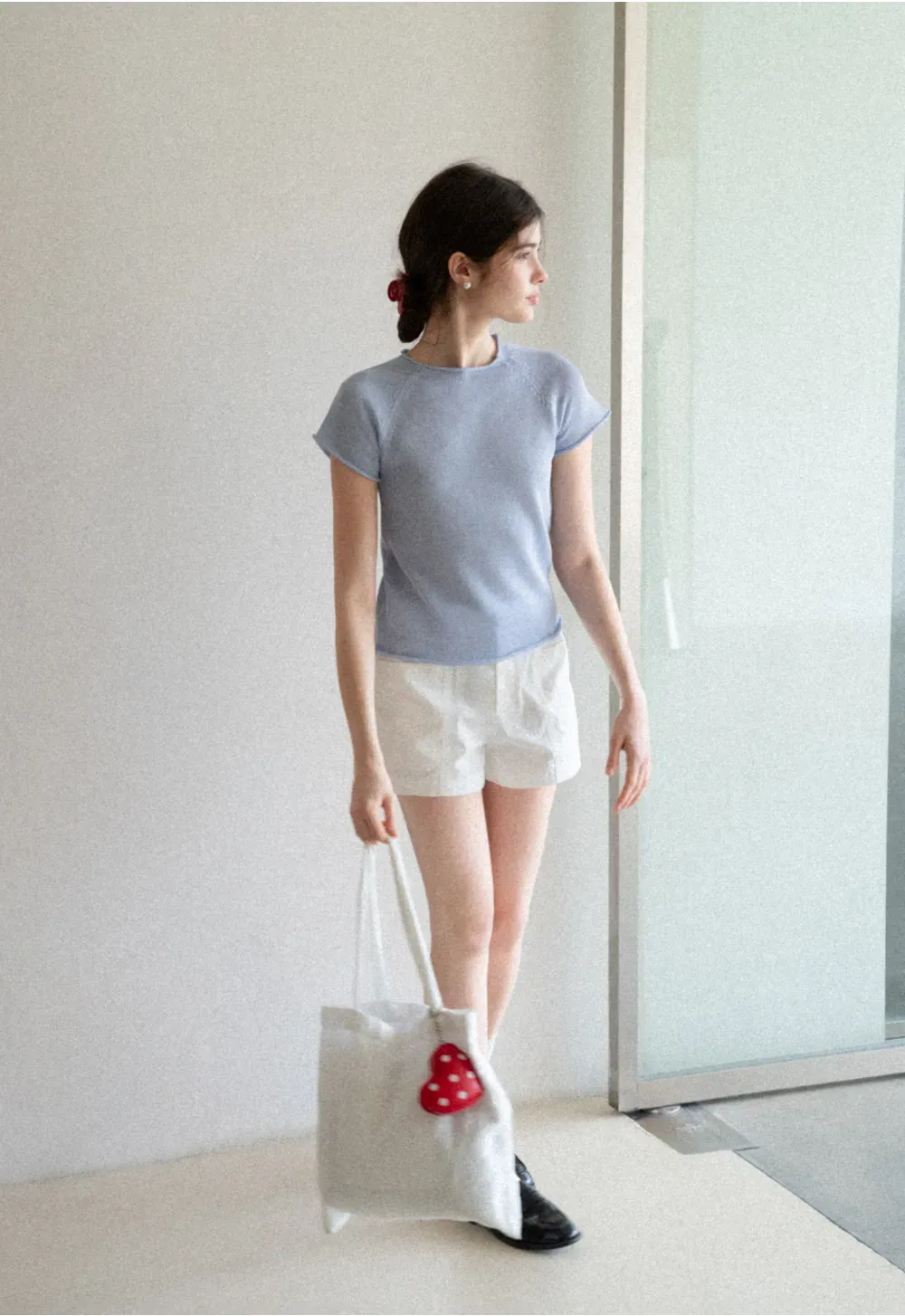 Short Sleeve Ribbed Knit Top with Raglan Sleeves