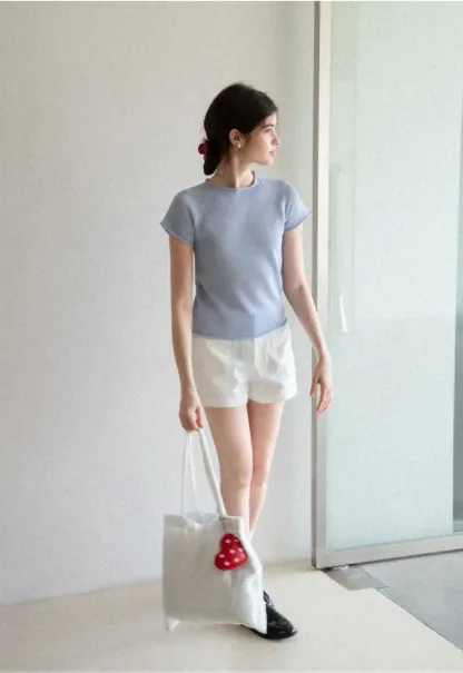 Short Sleeve Ribbed Knit Top with Raglan Sleeves