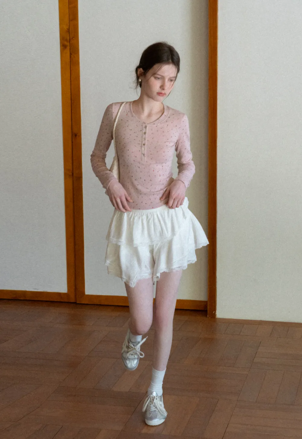 Long sleeve button front top with floral print