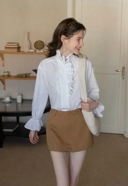 Elegant Ruffled Collar Blouse with Flared Cuffs