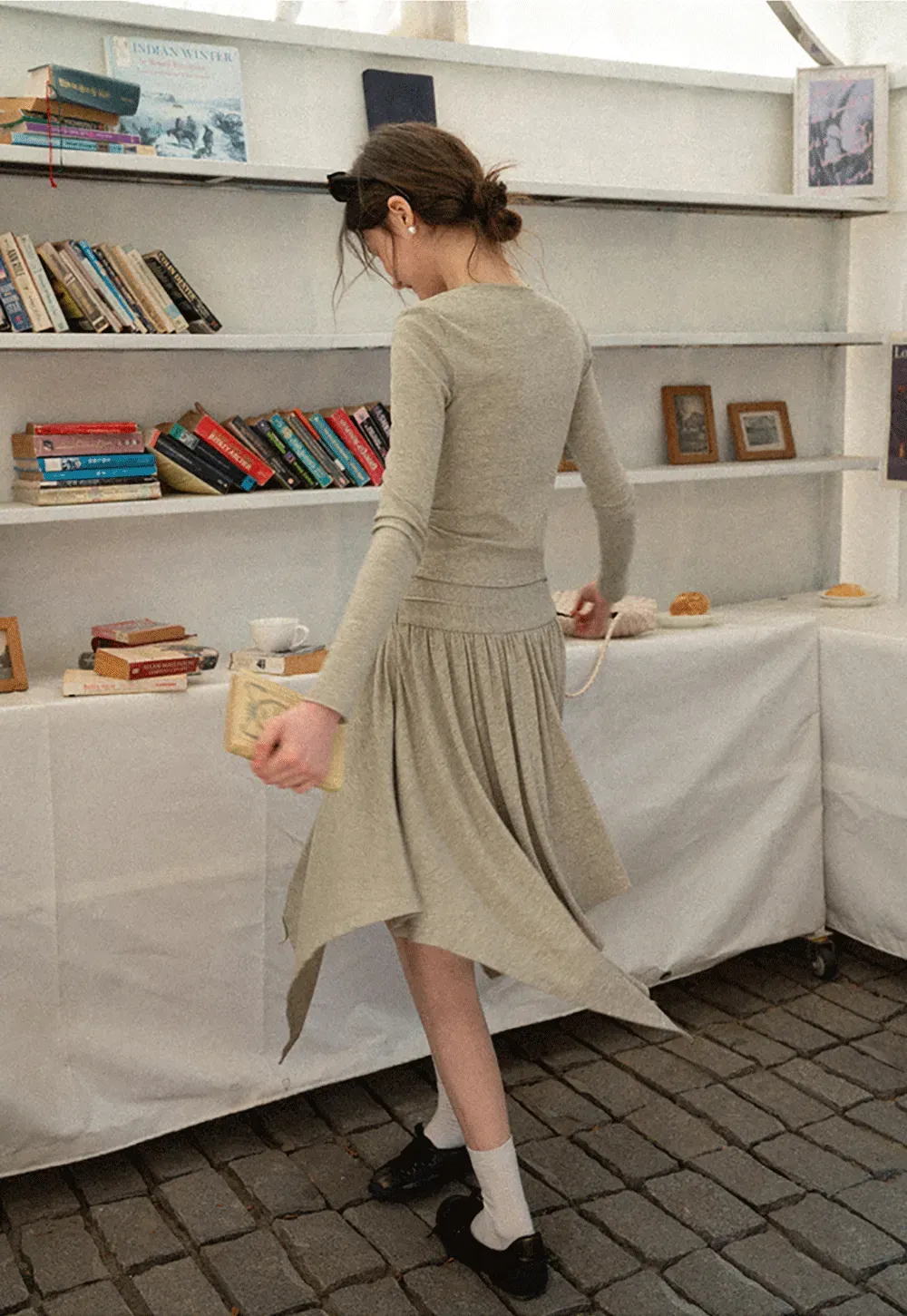 Long sleeve button front top and asymmetrical skirt