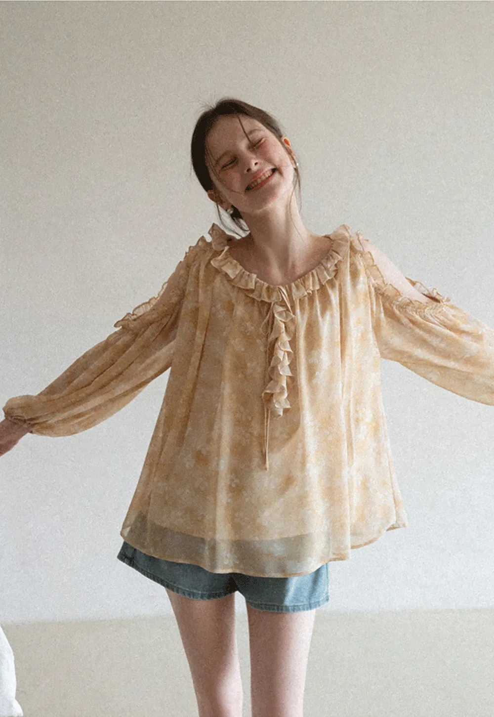 Lace Chiffon Blouse with Ruffled Neck and Sleeves