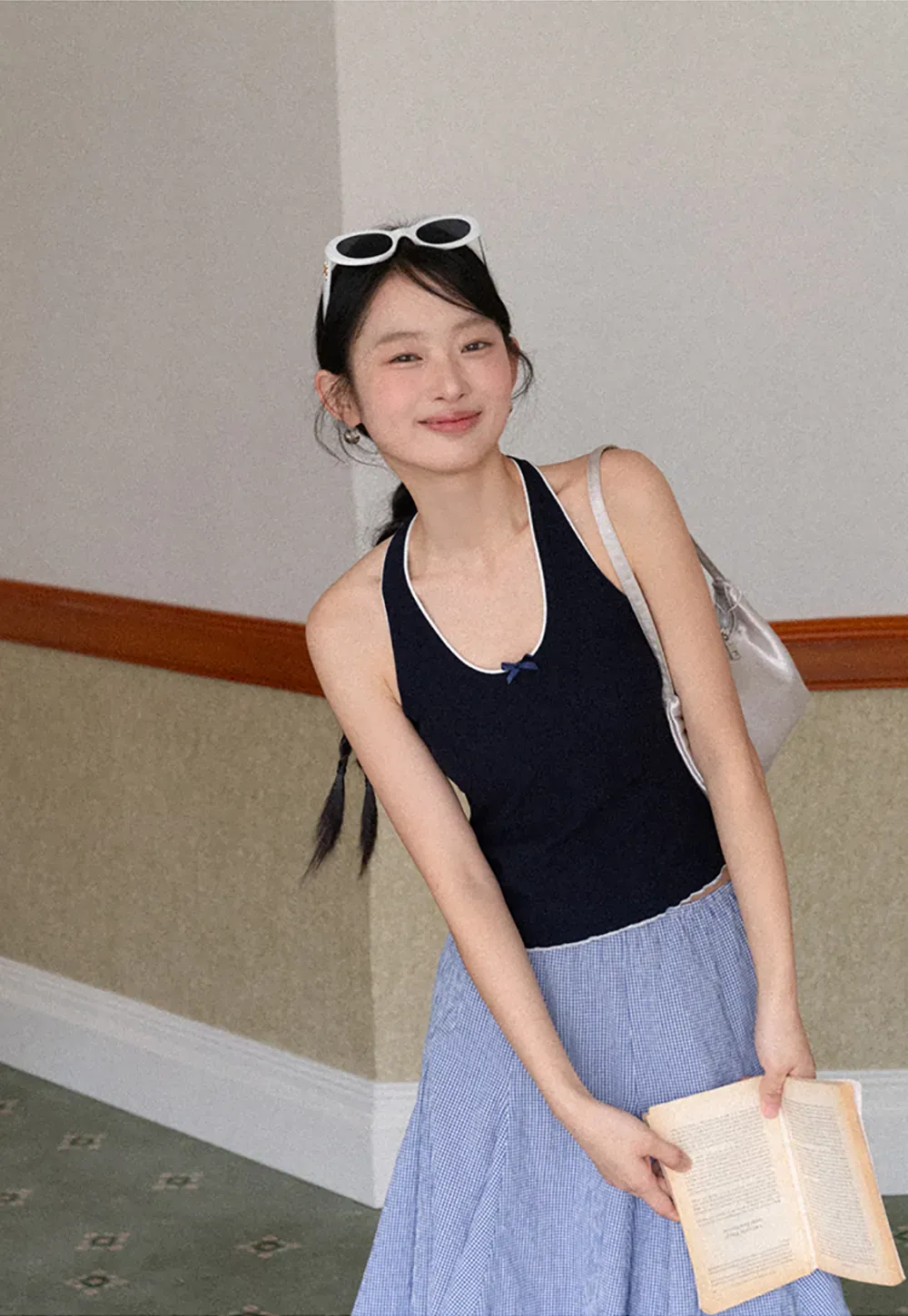 Gingham Pleated Flared Skirt