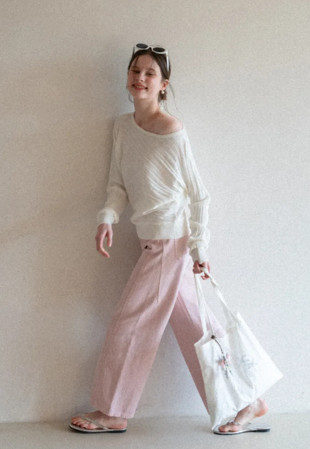 Ribbed knit sweater with wide neckline and long sleeves