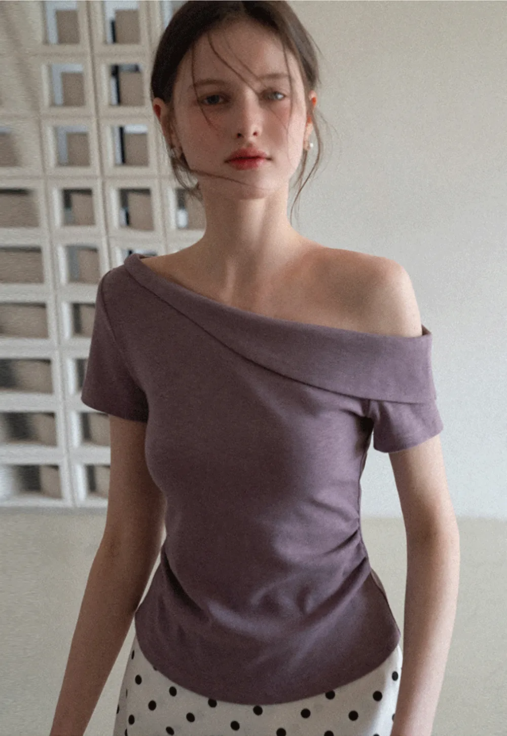 Polka dot off shoulder short sleeve tops