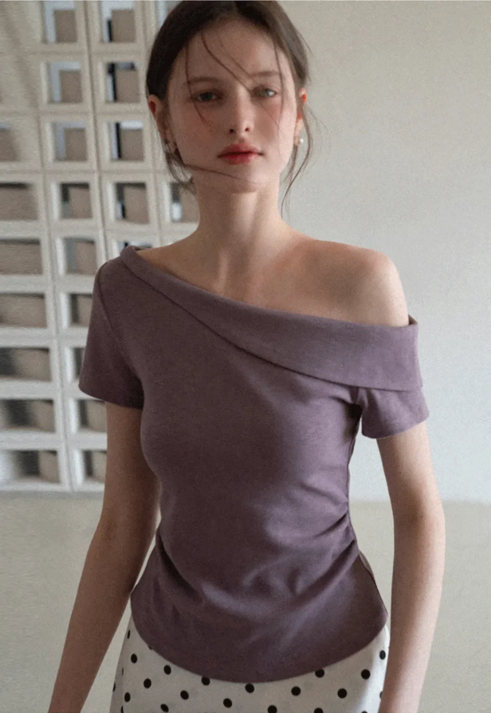 Polka dot off shoulder short sleeve tops