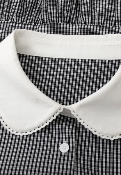 Peplum Gingham Collar Shirt with Flared Hem