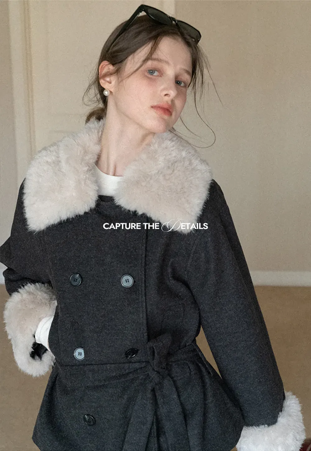 Wool Coat with Fur Collar and Cuff Belted Design