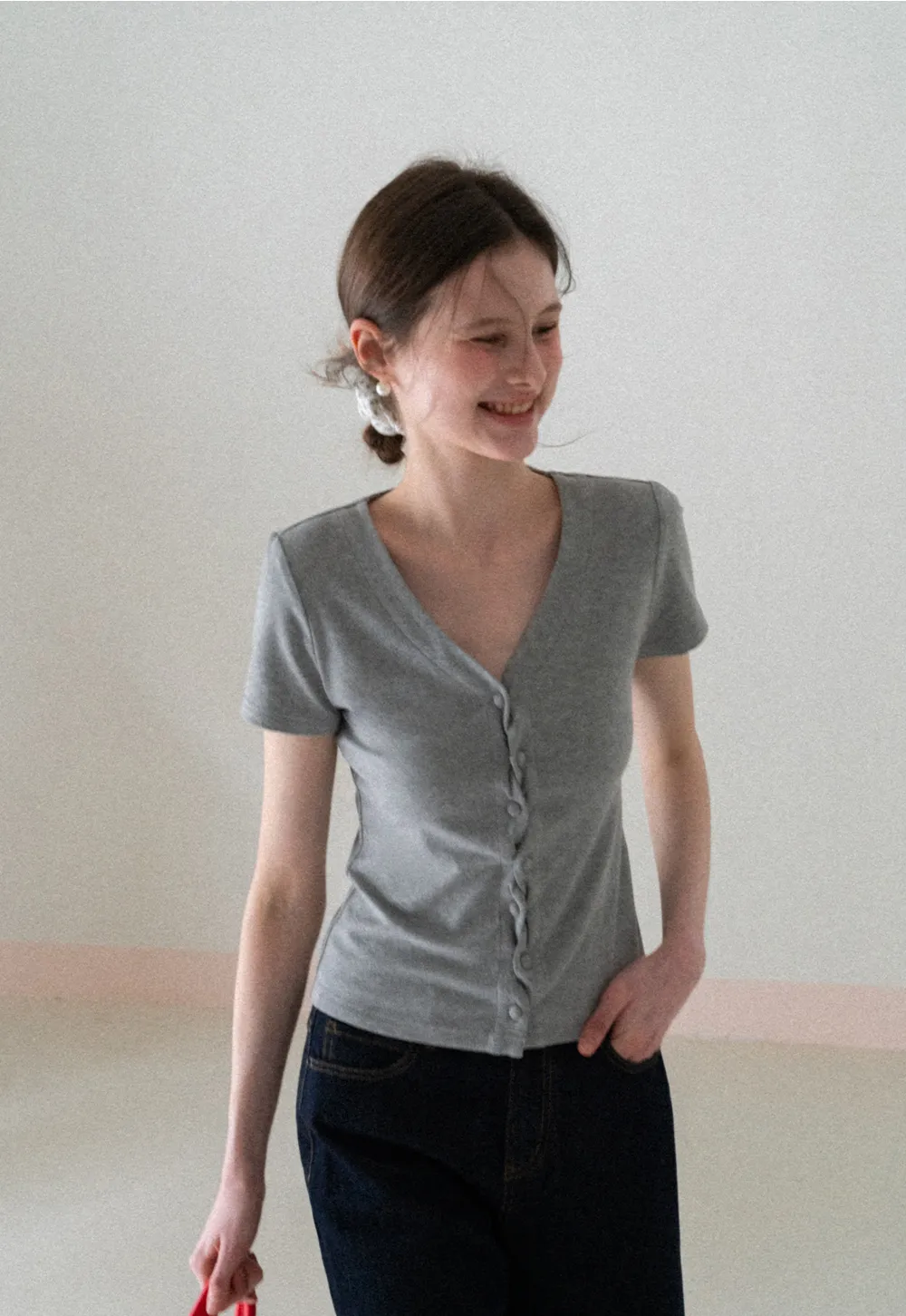 V neck short sleeve button front top