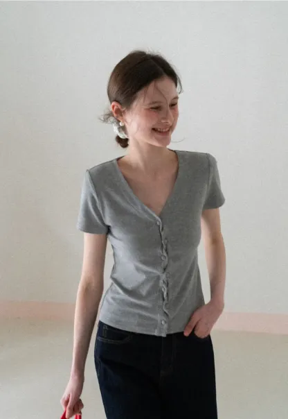 V neck short sleeve button front top