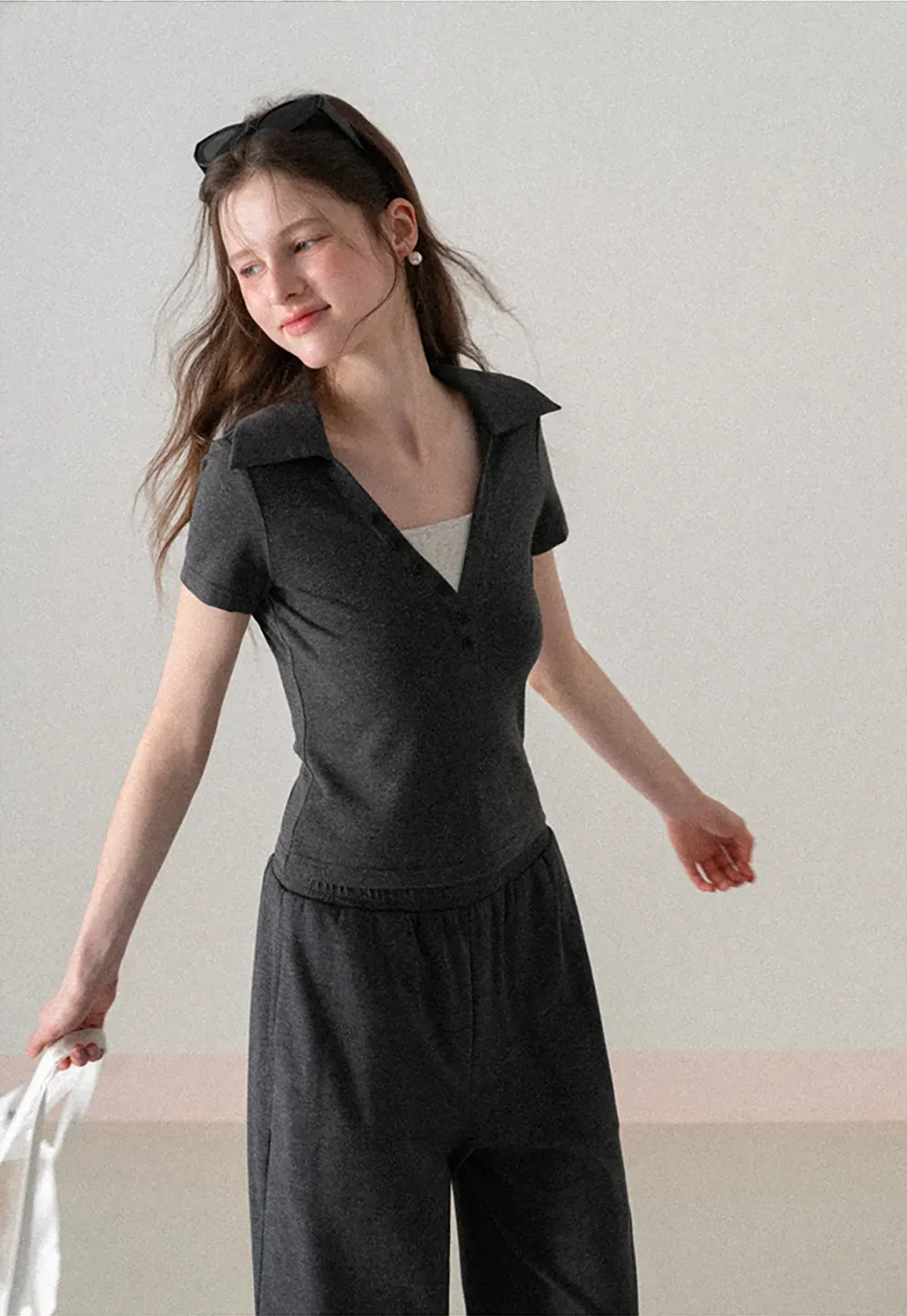 Polo shirt with buttons and wide leg casual pants