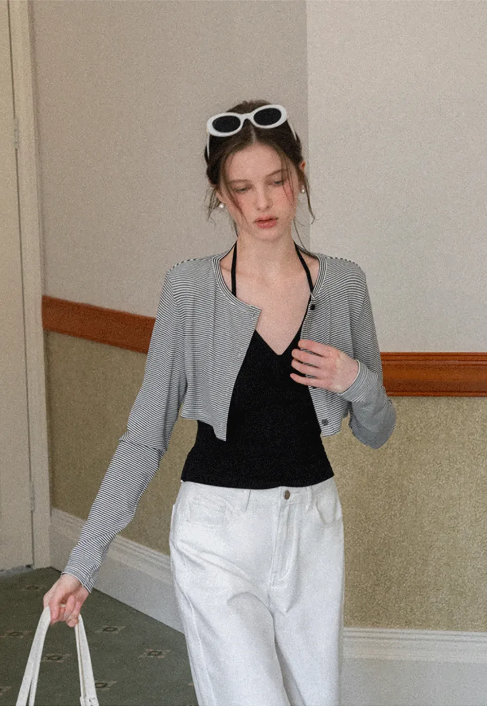 Striped cardigan with buttons and V neck tank top