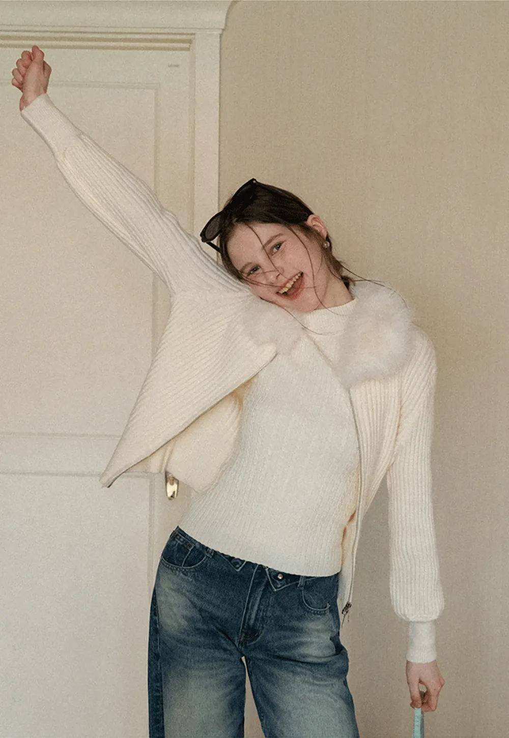 Ribbed knit sweater with fur collar detail