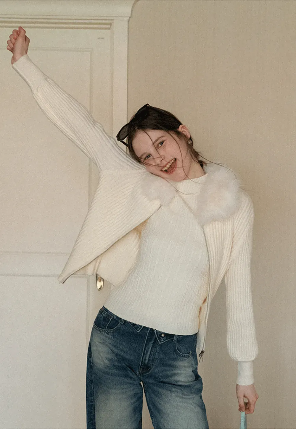 Ribbed knit sweater with fur collar detail