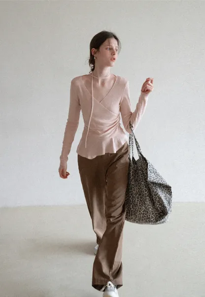 Long sleeve wrap knit sweater with ruched detail